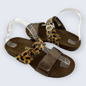 Vionic Camila Brown & Leopard Faux Leather Adjustable Straps Slide Sandal 6 $80